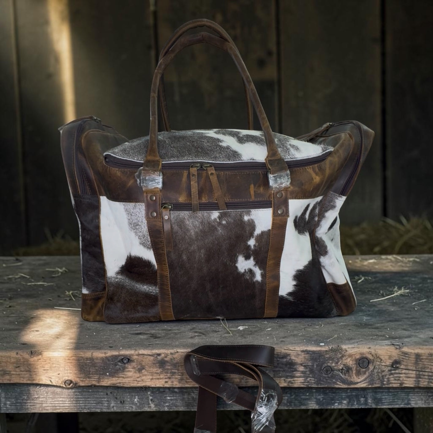Extra large cowhide duffel bag