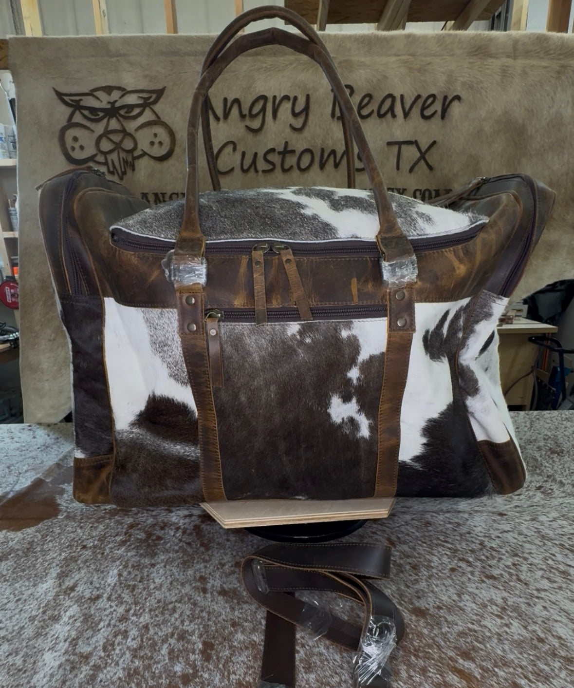 Extra large cowhide duffel bag