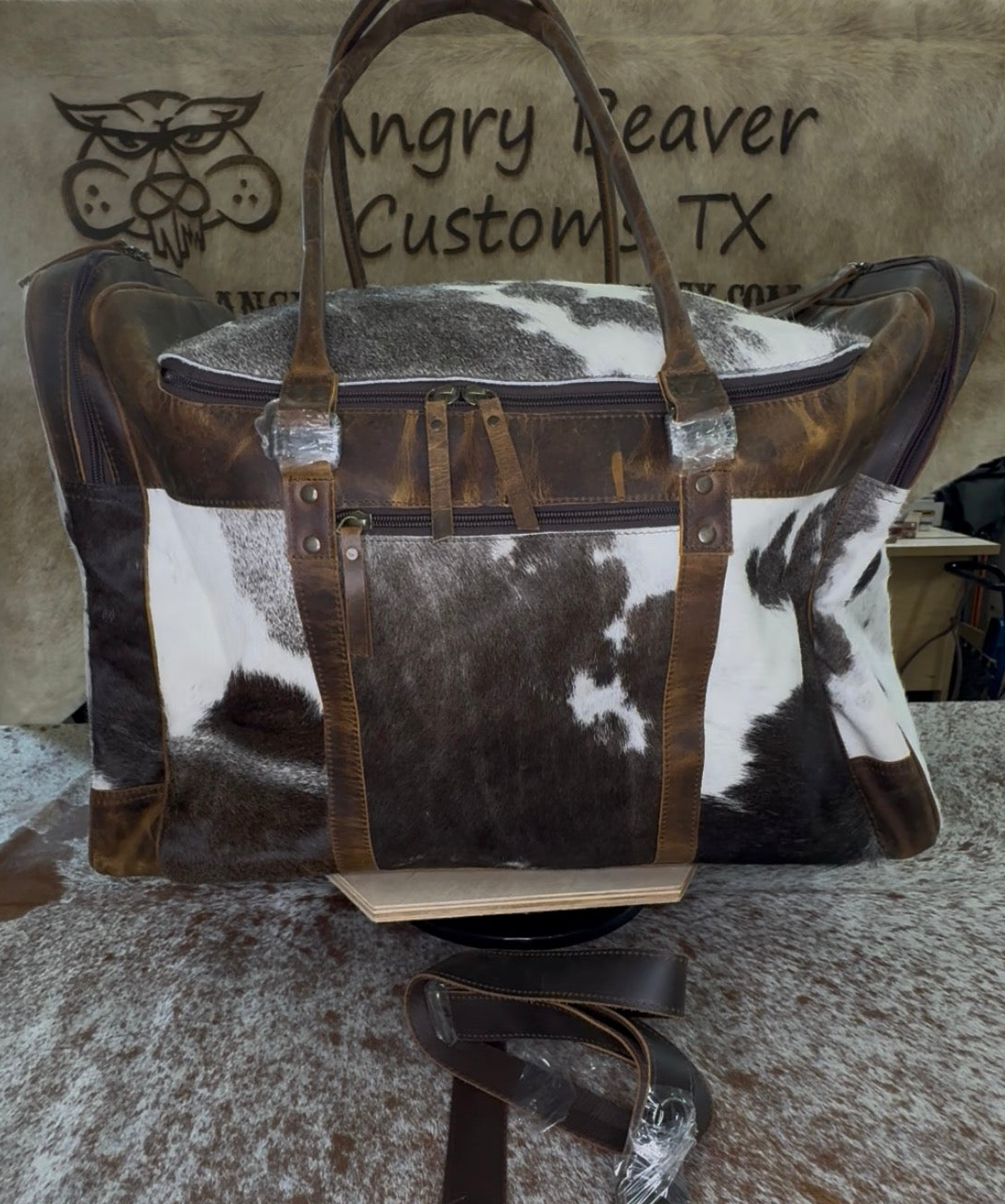 Extra large cowhide duffel bag