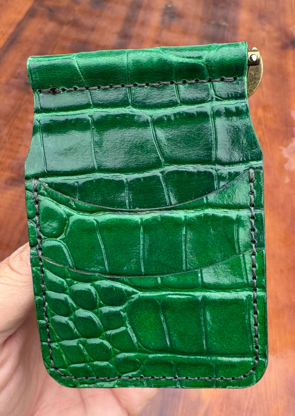 Leather alligator embossed front pocket spring clip wallet