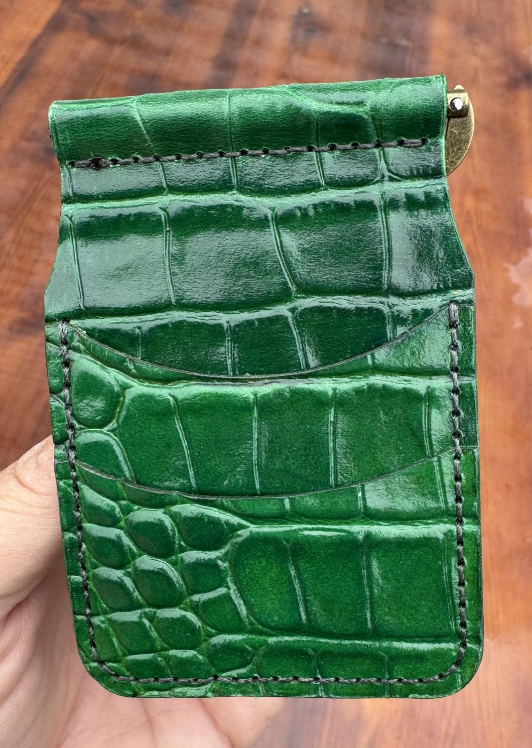 Leather alligator embossed front pocket spring clip wallet