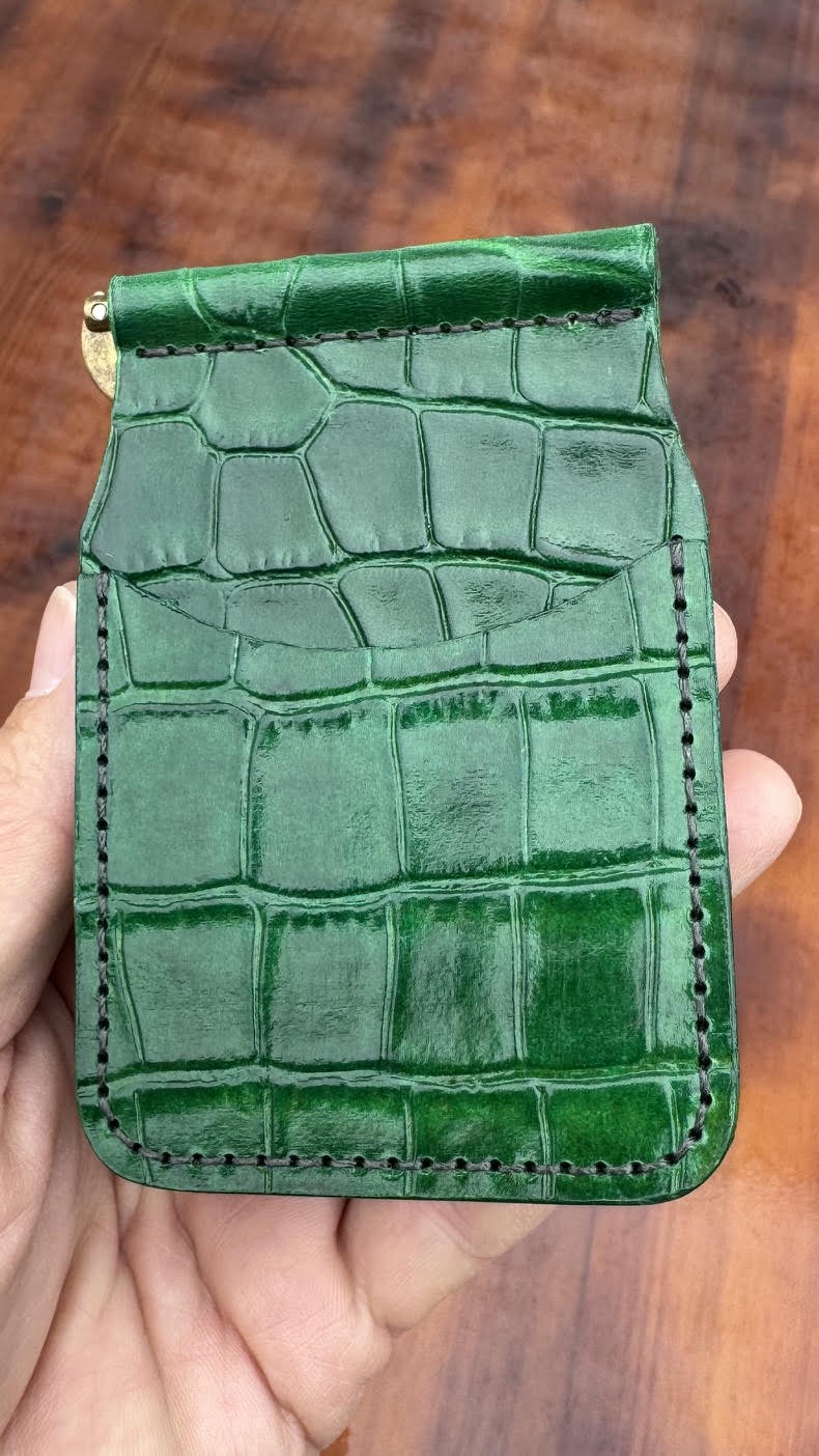 Leather alligator embossed front pocket spring clip wallet