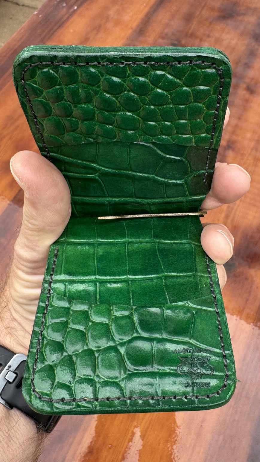 Leather alligator embossed front pocket spring clip wallet
