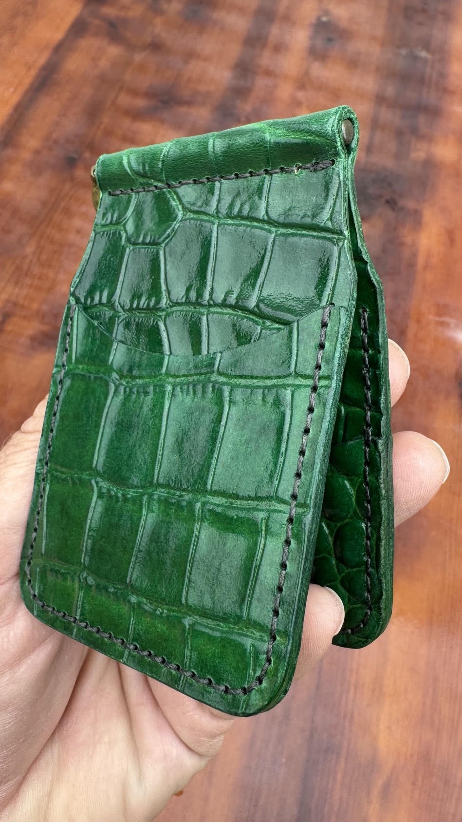 Leather alligator embossed front pocket spring clip wallet