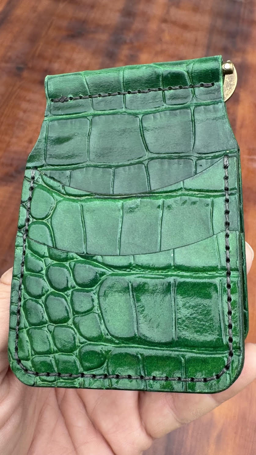 Leather alligator embossed front pocket spring clip wallet